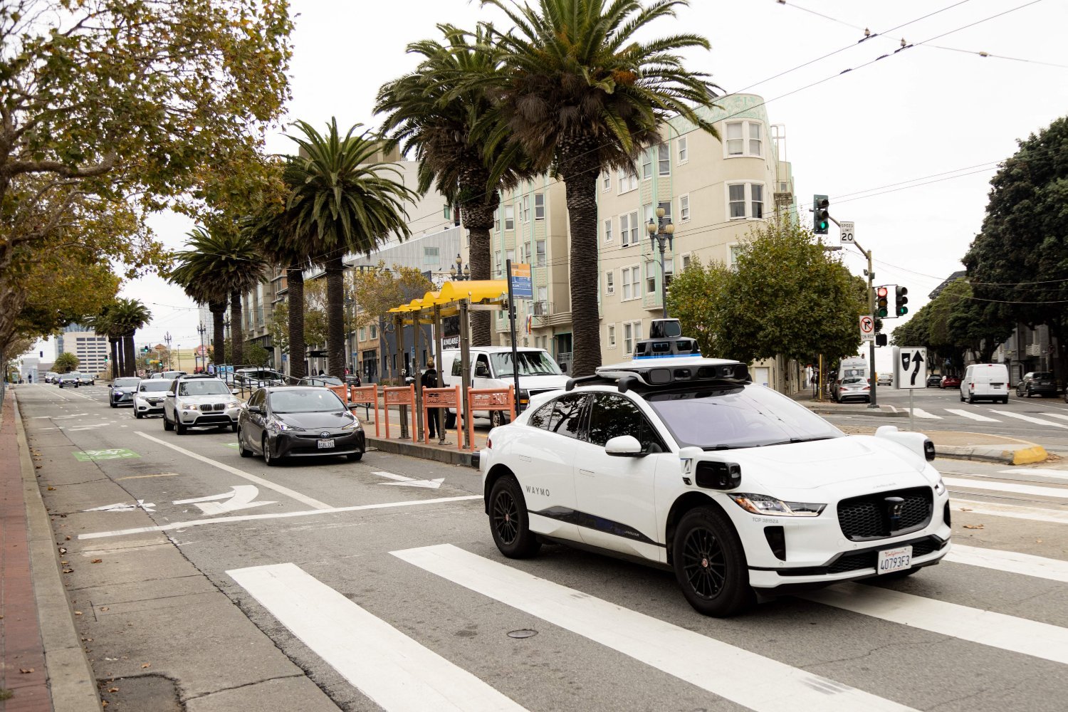 A Waymo autonomous vehicle on Market Street in San Francisco