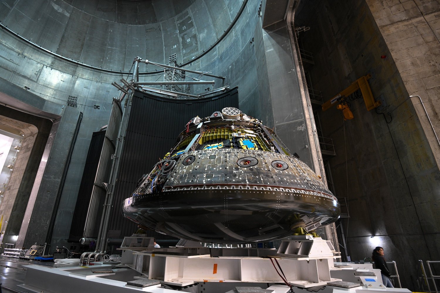 The Orion Environmental Test Article photographed inside the Thermal Vacuum Chamber on April 11, 2024, in the Space Environments Complex at NASA’s Neil Armstrong Test Facility in Sandusky, Ohio.