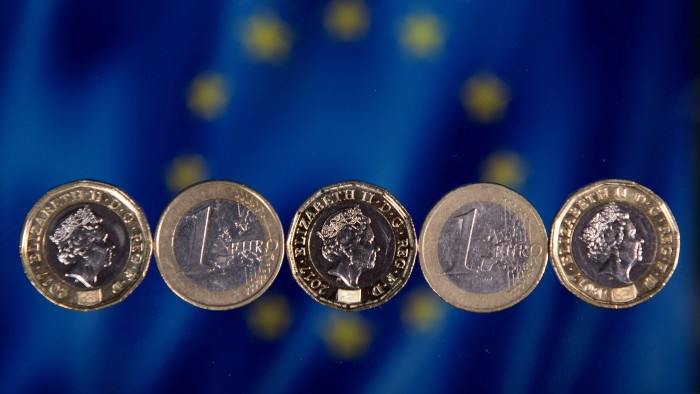 A line of pound and euro coins, with the EU flag blurred in the background