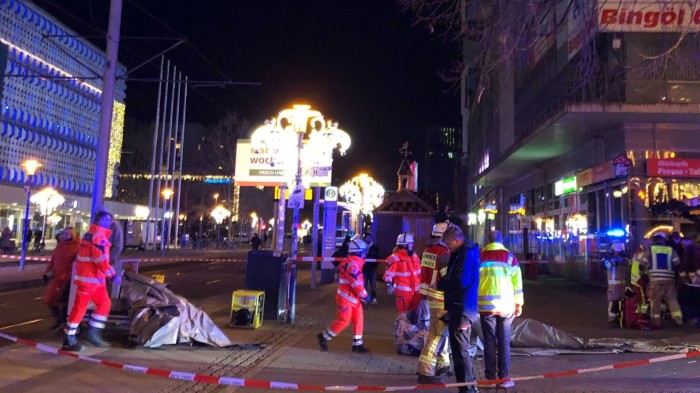 Emergency services and firefighters at the Christmas market in Magdeburg, eastern Germany after a car ran into a Christmas market