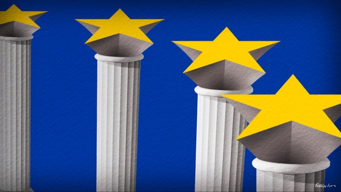 James Ferguson illustration of classical Greek columns with characteristics from the EU flag surrounding them