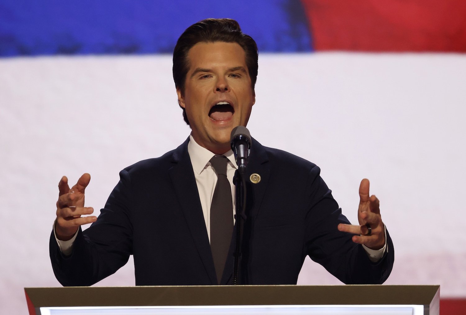 Matt Gaetz speaks during the Republican National Convention session at Fiserv Forum on July 17, 2024, in Milwaukee.