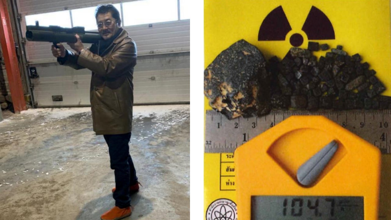 Takeshi Ebisawa posing with a rocket launcher during a meeting with two undercover agents from the Denmark Police (left) and a photo allegedly sent by Ebisawa showing plutonium with a Geiger counter (right)