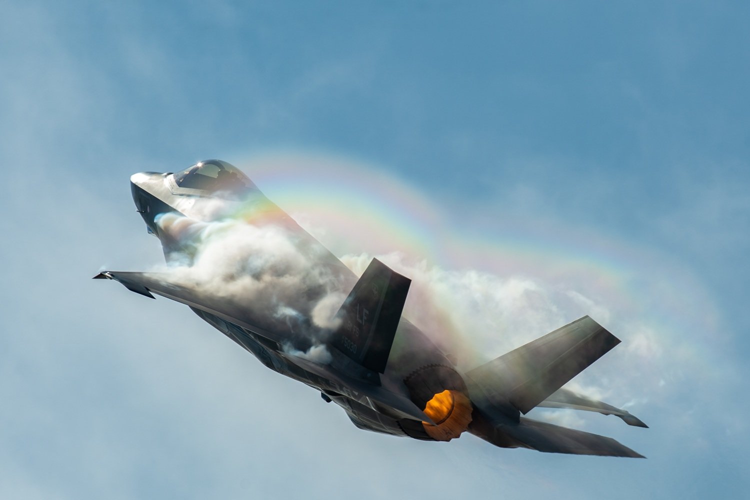 Capt. Andrew “Dojo” Olson, F-35 Heritage Flight Team pilot and commander performs a vertical climb in an F-35A Lightning II during the Bell Fort Worth Alliance Air Show Oct. 14, 2018, in Fort Worth, Texas.