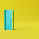 The closed turquoise door on a yellow background. The concept of making decisions, entering new places, crossing borders. 3d render, 3d illustration