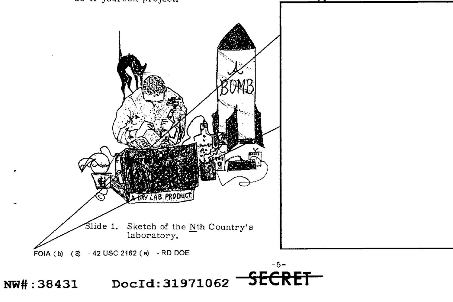 A physicist labors to build a DIY nuclear weapon in a cartoon from a newly declassified Cold War era document.