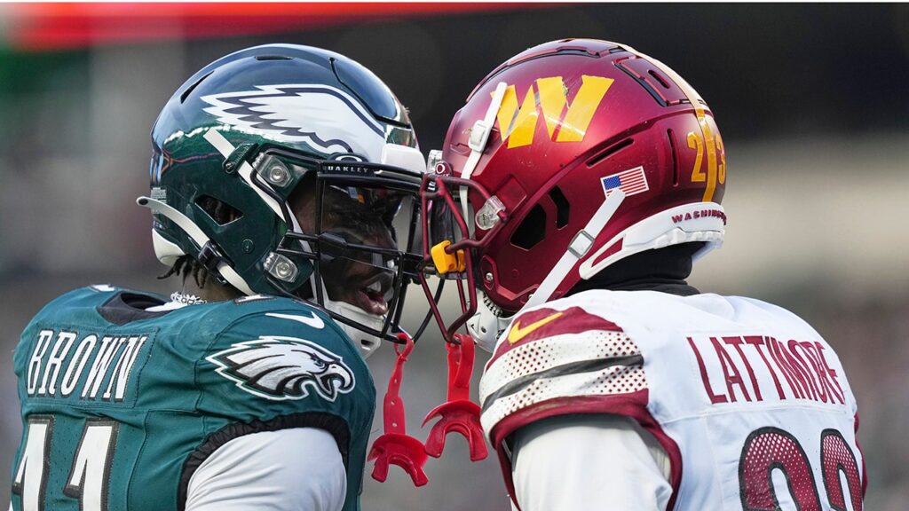 Eagles' AJ Brown pushes Commanders' Marshon Lattimore's helmet off in mid-game brouhaha