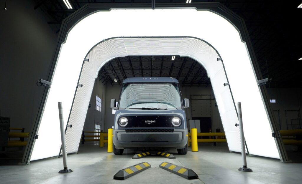 A Rivian-built Amazon delivery van going through UVEye's inspection system