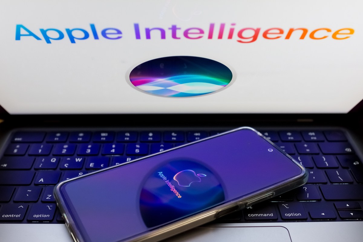 The Apple Siri and Apple Intelligence are being displayed on a smartphone screen and in the background.