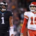 Eagles quarterback Jalen Hurts and Chiefs quarterback Patrick Mahomes appear side by side