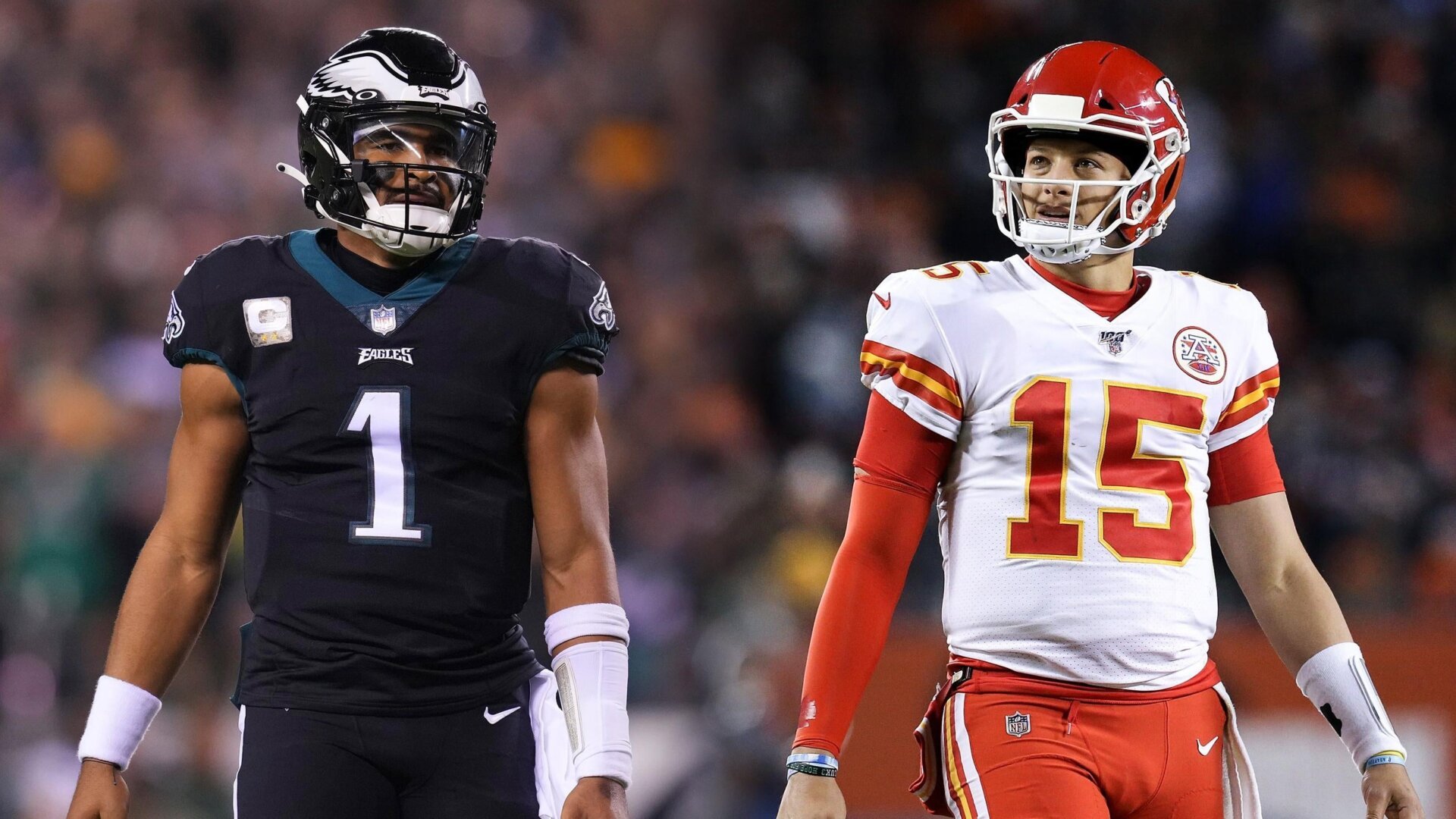 Eagles quarterback Jalen Hurts and Chiefs quarterback Patrick Mahomes appear side by side