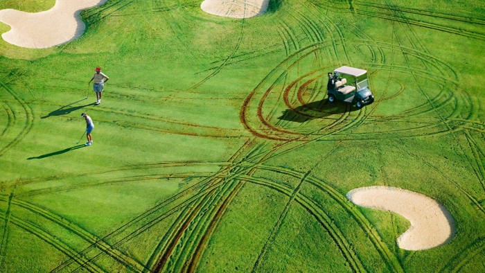 Carl Godfrey illustration of two golfers at the putting green while an electric cart that has left deep wheel marks in the grass sits near a sand bunker