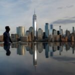 The skyline of lower Manhattan and One World Trade Center in New York City