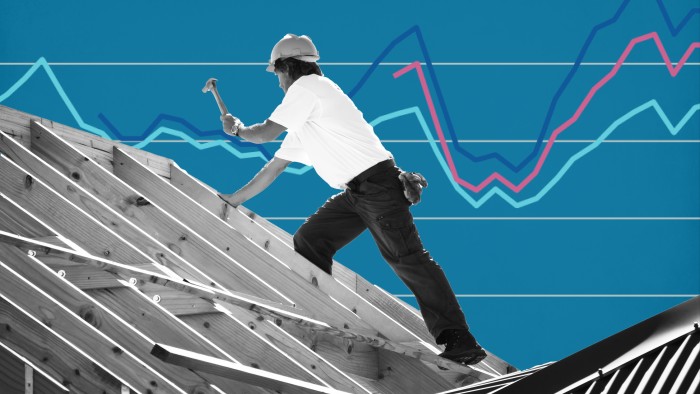 Montage image of builder on a half built roof and a line chart