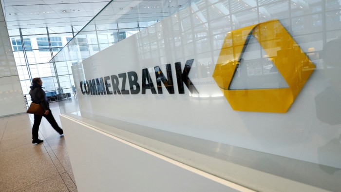 The Commerzbank logo at its headquarters in Frankfurt