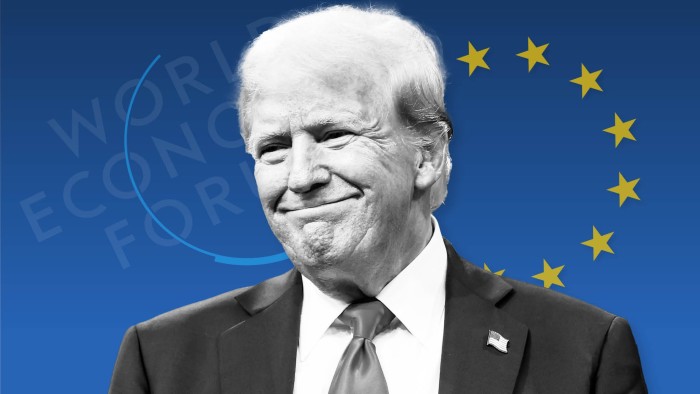 A montage of Donald Trump with EU flag and WEF logo in the background