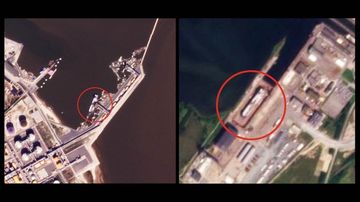 The Russian tanker at Yamal terminal in Russia, left, and at Fayard A/S in Denmark, right