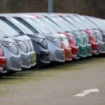 VW electric cars lined up at the company’s plant in Hanover, Germany in December 2024