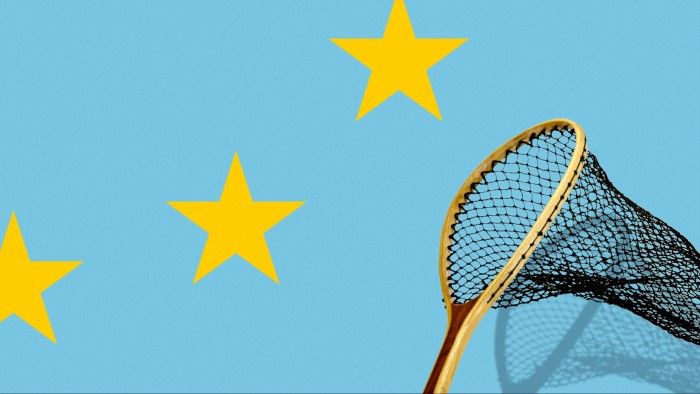 Carl Godfrey illustration of a fishing net being held aloft to catch European Union stars