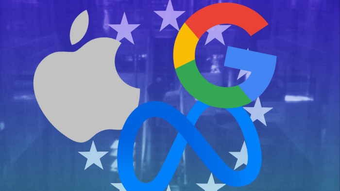 A montage of the logos of Apple, Google and Meta and the EU flag