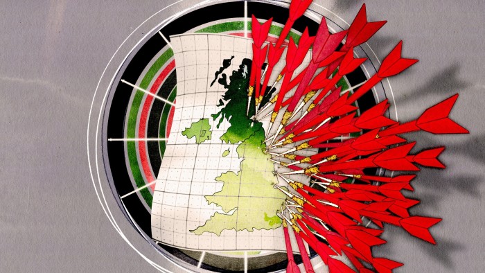 Ann Kiernan illustration of a dartboard with a map of Great Britain, with a bunch of red darts on the right side