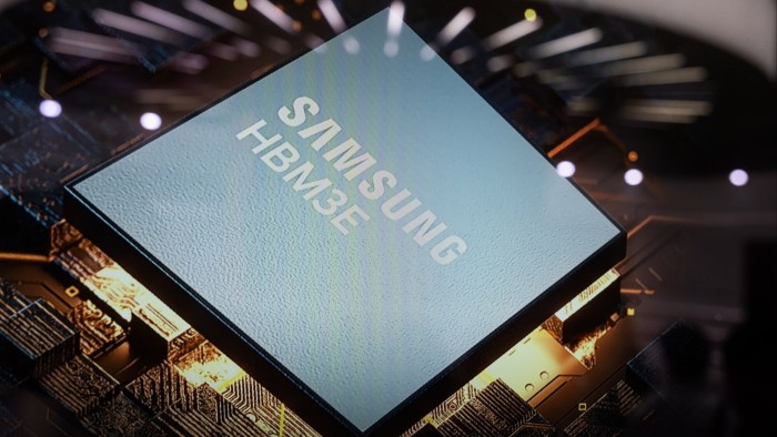 A Samsung Electronics 12-layer HBM3E memory chip on a monitor at the Semiconductor Exhibition