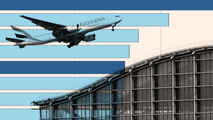 A plane in the sky and Heathrow terminal imposed on a graphic showing total number of Heathrow flights with third runway at top