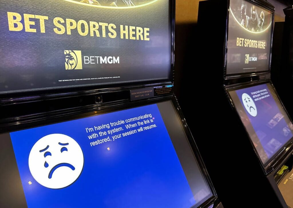 Betting kiosks at the sportsbook at MGM Grand in Las Vegas are shown offline on Tuesday, Sept. 12, 2023.