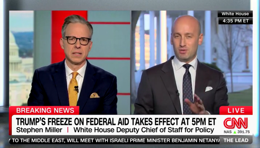 Stephen Miller battles Jake Tapper on 'false' media narrative about federal aid freeze