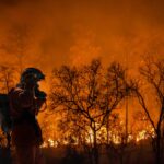 Firefighter battles wildfire.