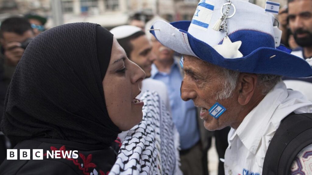 A pro-Palestinian woman wearing a headscarf shouts at a pro-Israeli man wearing a blue and white hat bearing the Israeli flag