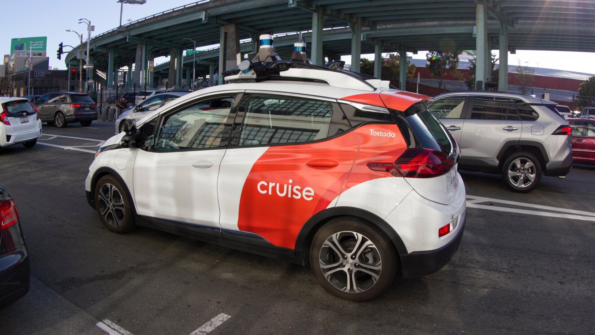 Cruise vehicle parked in a parking lot