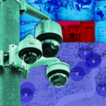 A colorful graphic illustration showing a telephone pole mounted with several surveillance cameras overlaid on a grid of vamera views with one pane, showing a house, highlighted red.