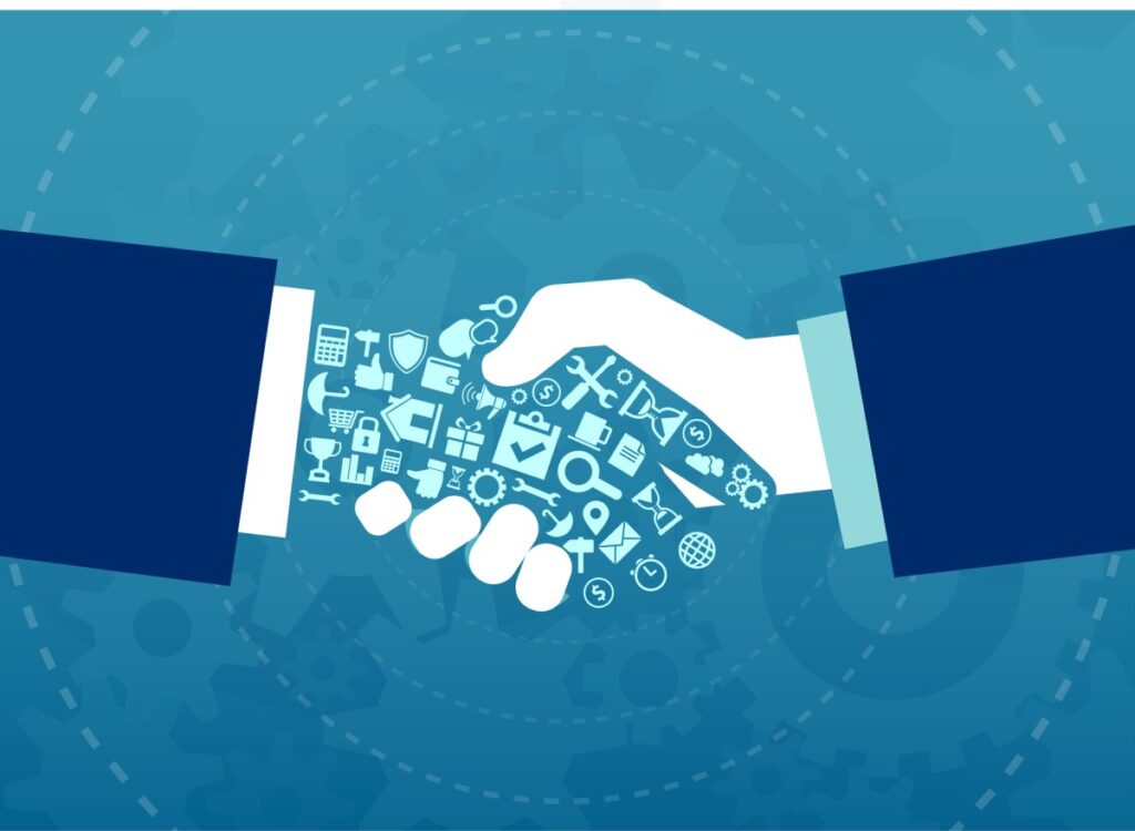 Vector illustration of a businessmen handshake with elements and icons of finance and corporate life tools