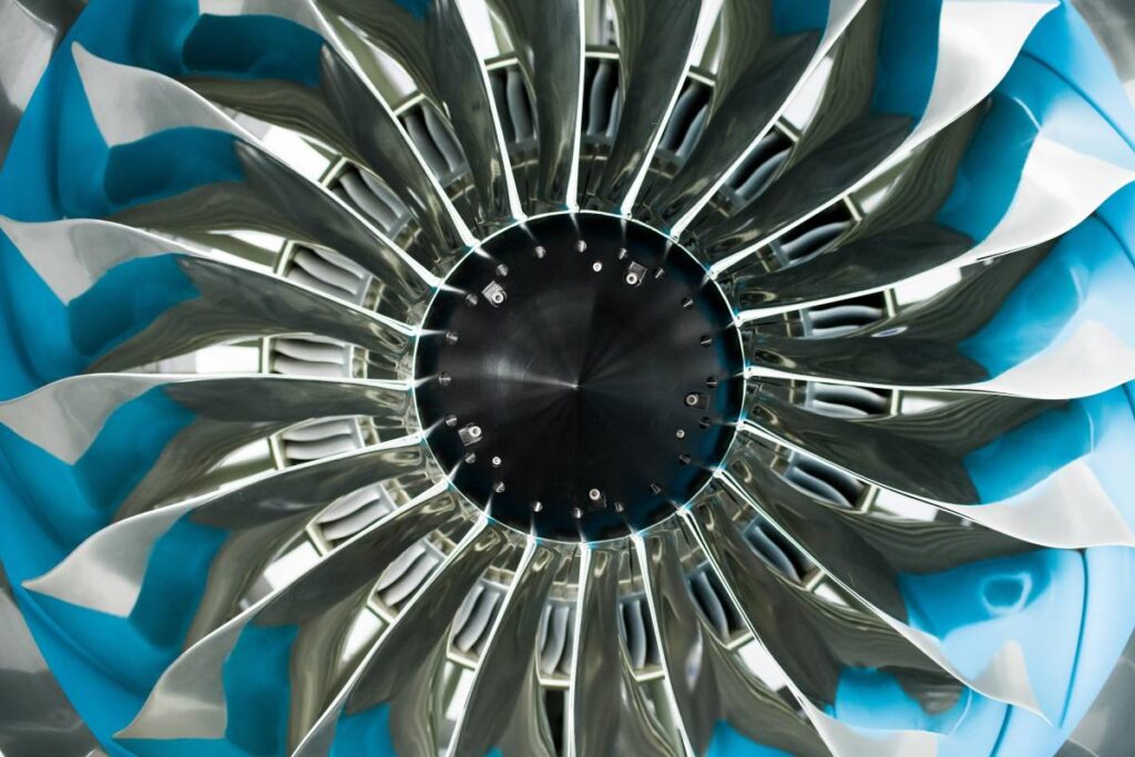 The blades of a turbine viewed up close.