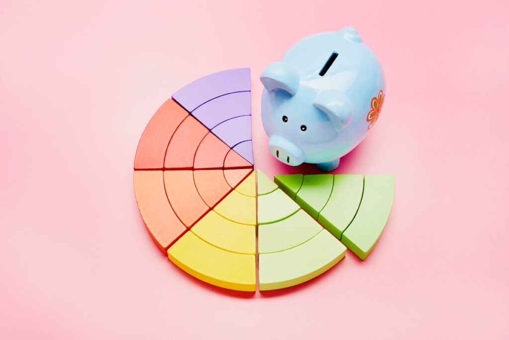 High angle view of a piggy bank and colorful pie chart on pink background; cash flow analysis