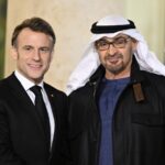 French President Emmanuel Macron (L) and President of the United Arab Emirates Sheikh Mohammed bin Zayed Al Nahyan (R) pose to photographers before their work dinner at the Elysee Palace in Paris, France on February 06, 2025.