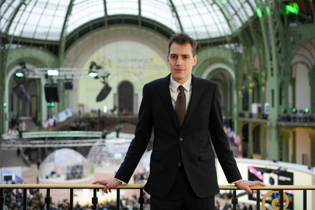 Arthur Mensch, founder of Mistral AI, following a Bloomberg Television interview during the AI Action Summit in Paris, France, on Monday, Feb. 10, 2025. France is set to announce a total of 109 billion in investment in artificial intelligence projects in the country by companies, funds and other sources over the coming years, President Emmanuel Macron said on the eve of a two-day AI Action Summit.