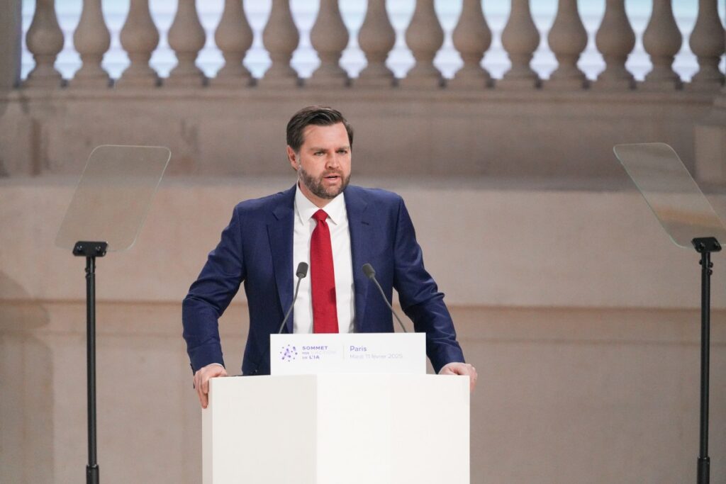 JD Vance, US vice president, speaks at the AI Action Summit in Paris, France, on Tuesday, Feb. 11, 2025.