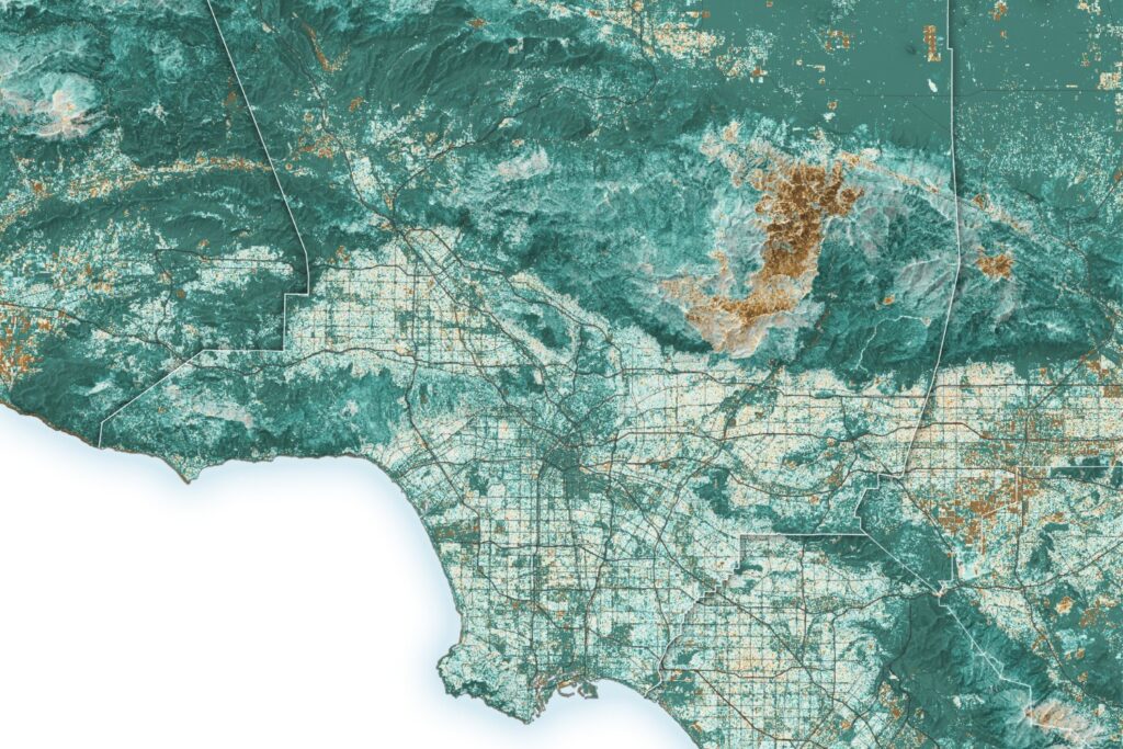 A map of LA County showing areas of vegetative buildup.