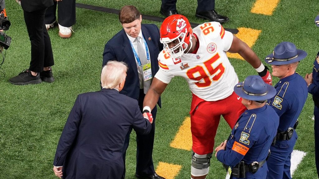 Trump greets Chiefs star on field at Super Bowl LIX after picking them to win Lombardi Trophy