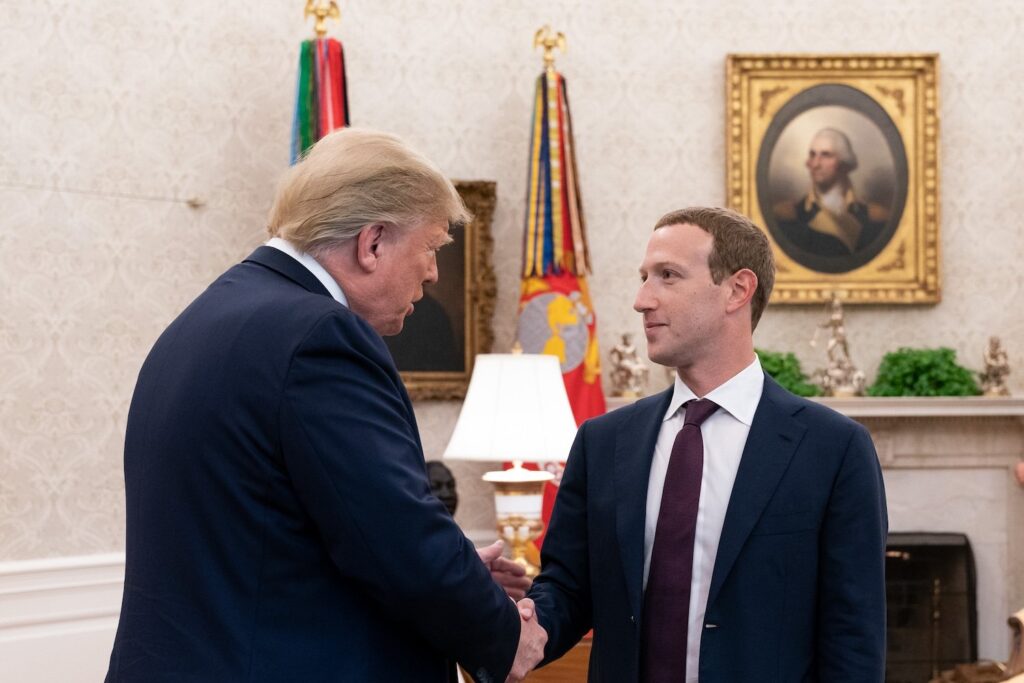 Donald Trump shakes hands with Meta CEO Mark Zuckerberg on Sept. 19, 2019 in the Oval Office of the White House.