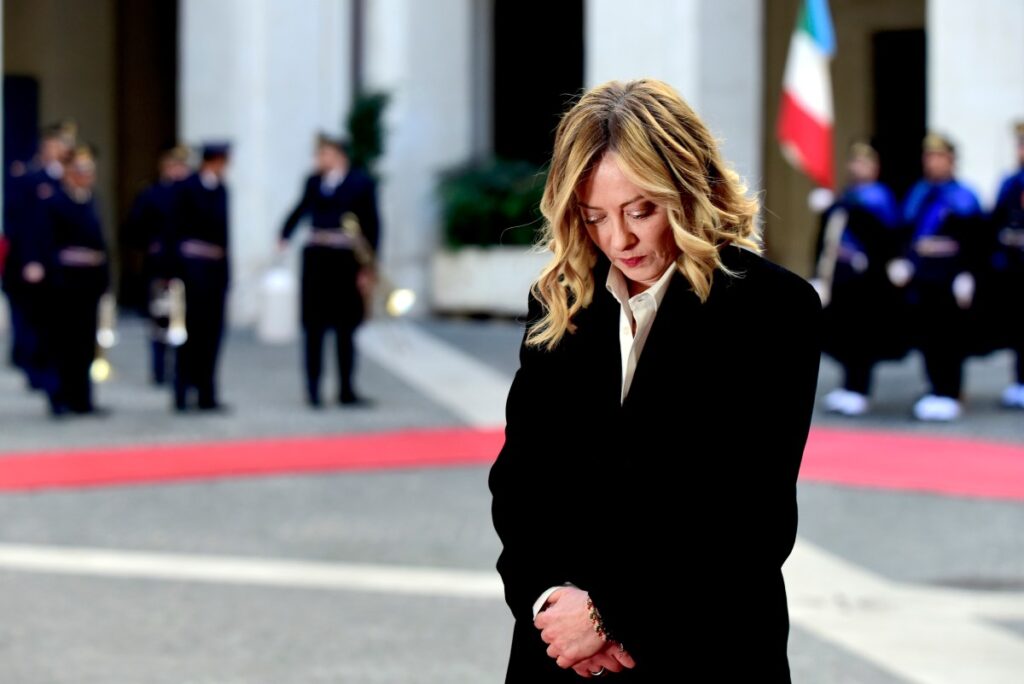 Italian Prime Minister, Giorgia Meloni, waits in the courtyard for the President of the Slovak Republic, Peter Pellegrini at Palazzo Chigi on January 14, 2025 in Rome, Italy.