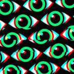 a collection of green and red eyes as a pattern on a black background