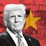 A montage of Trump in front of a Chinese flag and image of a container port