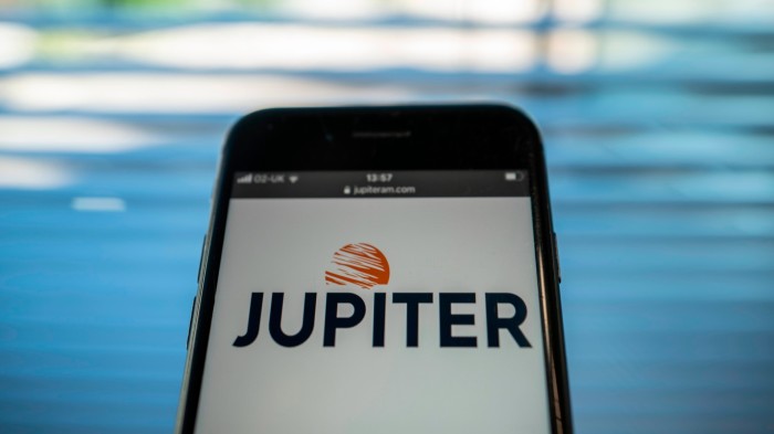 The logo of Jupiter Asset Management seen on a screen.