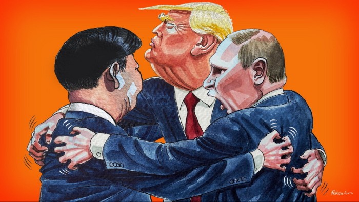 James Ferguson illustration of Putin, Trump and Xi scratching each other’s backs