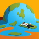 Andy Carter illustration of a melting planet Earth, with a person lying down relaxing, holding a cocktail and with one foot dipped in the water