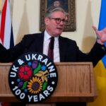 Sir Keir Starmer estures as he speaks to guests during a reception on the third anniversary of Russia’s invasion of Ukraine in London