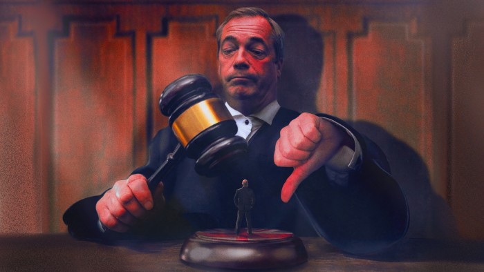 Nigel Farage, in judge’s robes, holds a gavel over a miniature man while turning the thumb of the other hand towards the ground